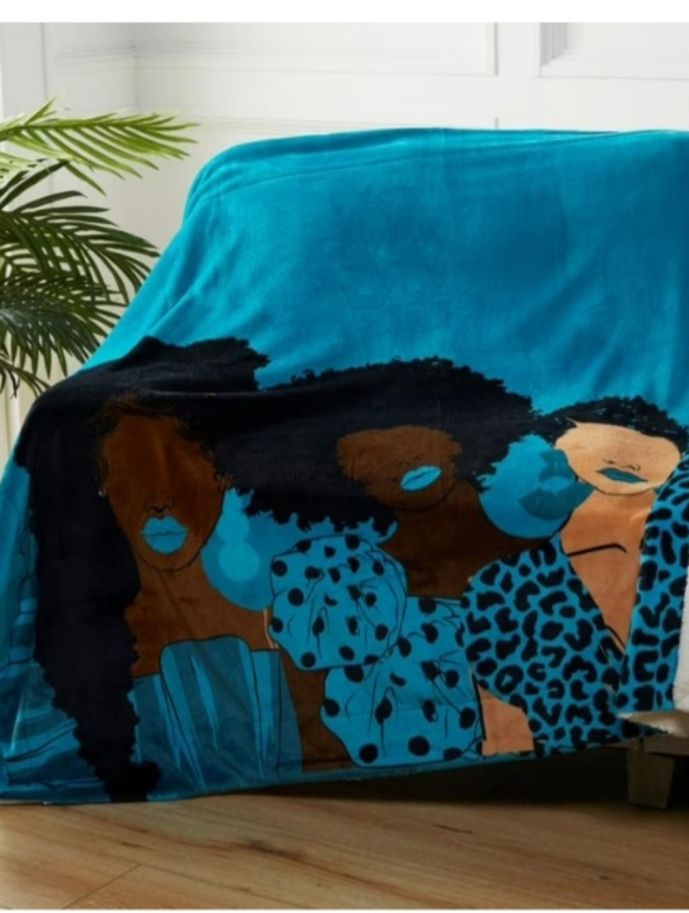 Plush Teal Afro Art Throw Blanket with Bold Accent Colors